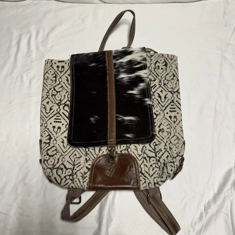 MYRA BAG WESTERN BACKPACK PURSE COW HIDE PRINT WITH LEATHER
